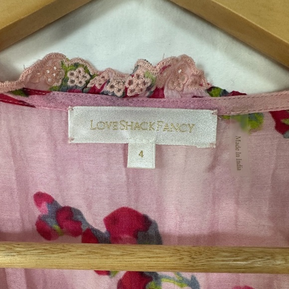 LoveShackFancy Salima Midi Dress Pink Tiered Asymmetrical Size 4 Ruffle Flowers - Picture 2 of 10